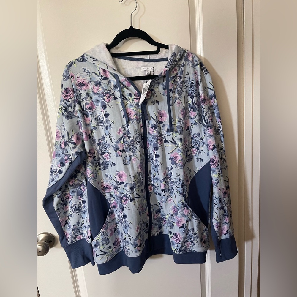 Vera Bradley Light Blue Floral Zip Hoodie with Navy Trim